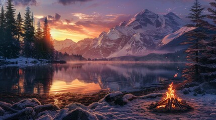Amazing landscape of a campfire with a large lake in the background and large mountains and green pine trees in a beautiful sunset in high resolution and high quality. campfire concept in summer in  - obrazy, fototapety, plakaty