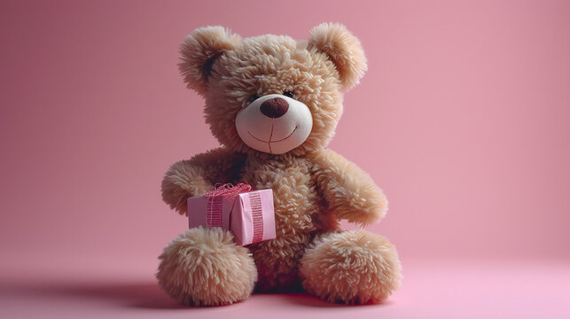 A cute teddy bear holding a pink gift box sits against a soft pink background. This image is perfect for: birthdays, love, gifts, celebrations, children.