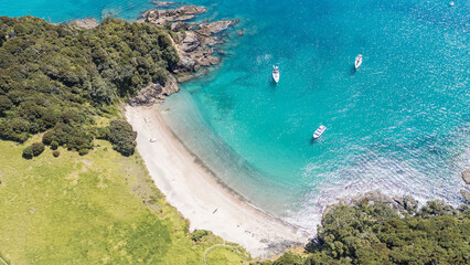 Top view of a paradisiac beach with pure white sand and crystal clear water in New Zealand