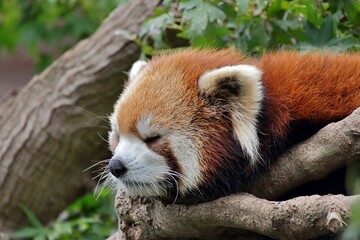 Obraz premium 木の上で眠るレッサーパンダの顔のアップ