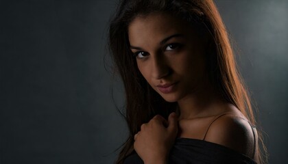 Naklejka premium Moody portrait close up of a pretty woman. Dark background with copy space