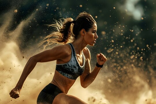 A determined woman is running with great intensity illuminated by sunlight