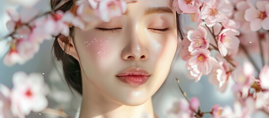 Portrait beauty of Asian women model with sakura flower pink background. AI generated