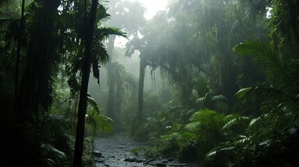 Tropical rainforest with heavy rainfall and lush greenery