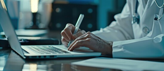 Close up Hands of Doctor in white coat writing medical records paperwork at workplace. AI generated