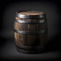Fototapeta premium Antique wooden barrel with dark backdrop and metal bands