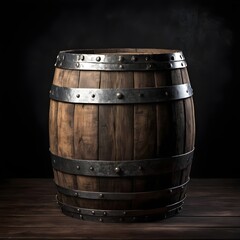 Antique wooden barrel with dark backdrop and metal bands