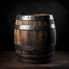 Fototapeta premium Antique wooden barrel with dark backdrop and metal bands