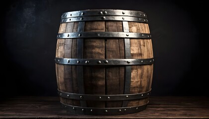 Antique wooden barrel with dark backdrop and metal bands