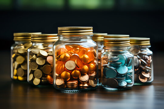 Financial Growth and Savings Concept. A striking image of coin-filled jars lined up, symbolizing the growth of savings and financial success.