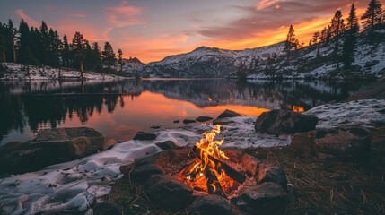 beautiful campfire in the middle of a large lake and large mountains in a beautiful sunset in high resolution