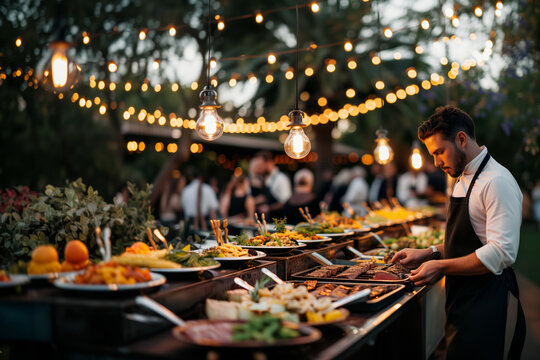 Twilight Catering Elegance with Chef Preparing Feast - Generative AI.