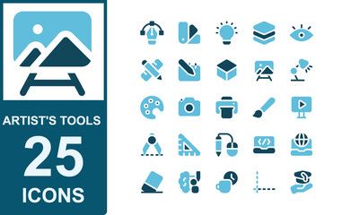 artist tools icon set duo tone style.solid blue.contains vision,ruler and pencil,sketchbook,cube,painting,table lamp,paint palette.vector illustration