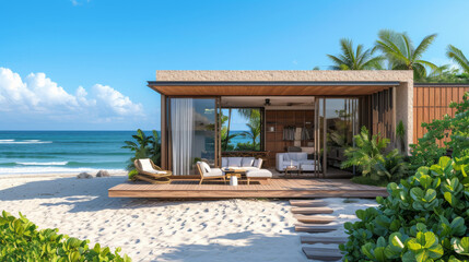 Fototapeta premium A modern cozy house stands alone on the beach on the Caribbean Sea