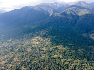 Obraz premium Aerial view of Razlog Valley near town of Bansko, Bulgaria