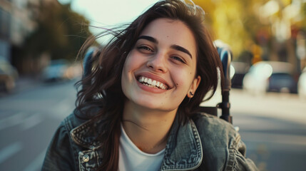 Happy smiling young disabled girl in a wheelchair. AI generated - Powered by Adobe