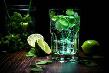 A glass of green soda with ice and clover leaves, lime slices, and a plant jar on a dark background