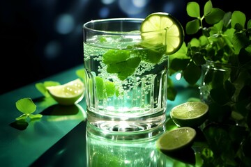 A fizzy green drink in a glass with fresh green leaves, on a reflective surface with a dark, bokeh background