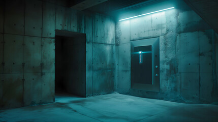 Dimly lit, gritty concrete corridor with an elevator on the right, highlighted by a horizontal blue light above the door