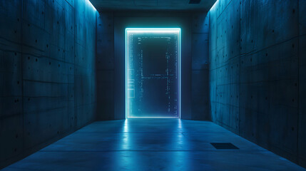 Futuristic elevator door framed with a vibrant blue neon outline, casting a glow on the surrounding concrete walls in a dimly lit space