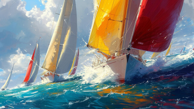 Creative Illustration of Fast Floating Sailing Ships on the Sea
