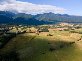 Aerial view of Razlog Valley near town of Bansko, Bulgaria