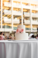 A wedding cake is the traditional cake served at wedding receptions following dinner