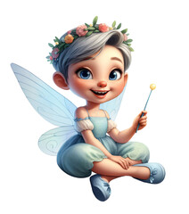 A cute Fairy with translucent wings sitting on a flat surface holding a fairy wand isolated on a transparent background 