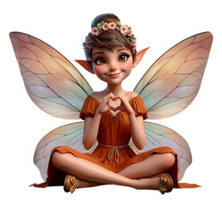 A cute Fairy with translucent wings sitting on a flat surface isolated on a transparent background 