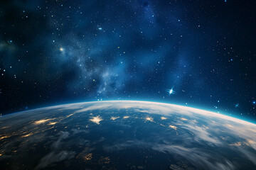 Planet Earth Seen from Outer Space, Copy Space of the Space Sky of the World from the Galaxy Full...