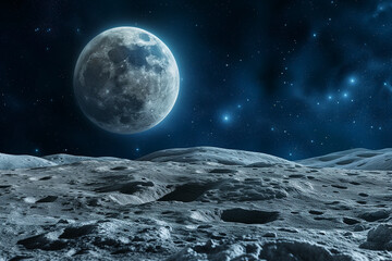 View of Planet Earth from the Surface of the Moon, Large Lunar Surface with the World Above it and a Starry Sky