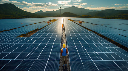 Professional engineer in hard hat inspecting solar panels, sustainability and renewable energy concept, clear blue sky background. - obrazy, fototapety, plakaty