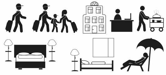 Set of tourist and travel icons, tourism icon, sea vacation, flat illustration