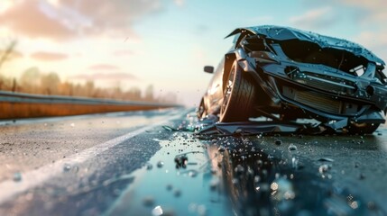 crashed car in the middle of the road - obrazy, fototapety, plakaty