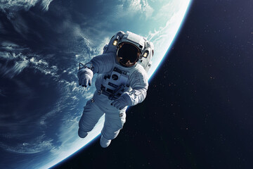 Astronaut Floating in Space Above Planet Earth, View of a Person Observing the World in Their Spacesuit