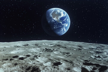 View of Planet Earth from the Surface of the Moon, the World Seen from the Lunar Satellite in the Infinite Space of Stars