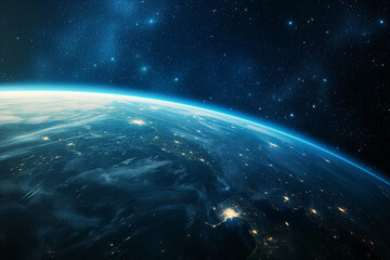 Obraz premium Planet Earth Seen from Outer Space, Terrestrial Globe with Lights and a Starry Sky Seen from the Cosmos