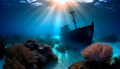 old shipwreck under the ocean, diver view of underwater sunken ship, treasure hunt, adventure mystery - obrazy, fototapety, plakaty