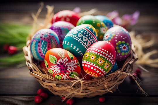 Colorful Hand-Painted Easter Eggs in a Wicker Basket