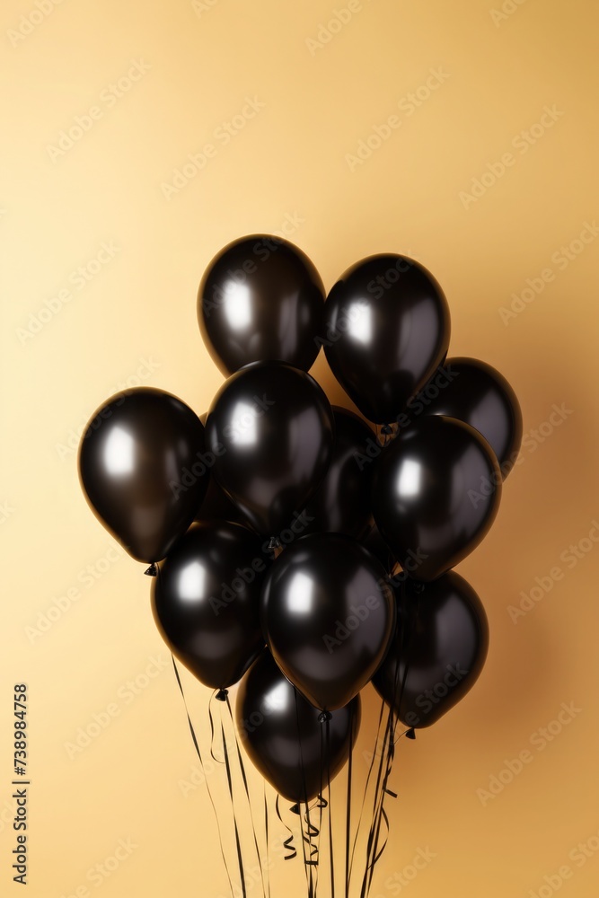 Wall mural black helium party balloons on orange, gold background. Space for text. invitation to sale on black friday day