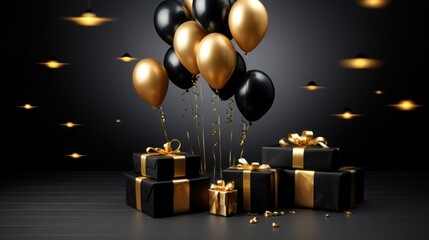 Fototapeta na wymiar gifts, gold and black helium party balloons. Space for text. invitation to sale on black friday day