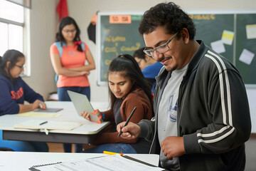 A man is seen focusing and writing on a piece of paper while seated at a desk in a classroom setting.