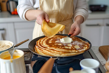 A woman is seen in the image putting butter on a freshly made pancake in a home kitchen setting.