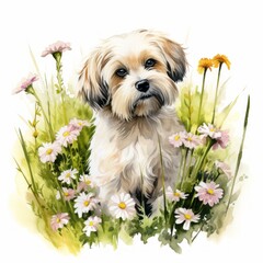 Löwchen Hund Aquarell Porträt Blumenwiese Niedlich Kleiner Hund Naturkunst Wandbild Heimdekoration Geschenkidee Sanft Farbenfroh