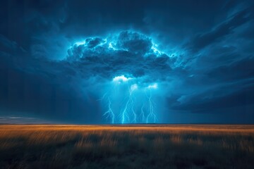 This photo captures a colossal cloud filled with numerous bolts of lightning, creating a dramatic and electrifying scene. - obrazy, fototapety, plakaty