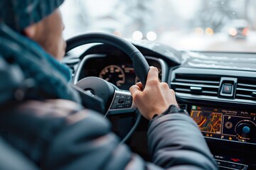 A man operates the radio and adjusts the volume while driving a car on a snowy day, navigating through the winter weather conditions.