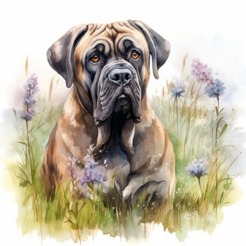 Mastiff Aquarell Hundeportr&auml;t Blumenwiese Kraftvoll Treuer Begleiter Naturtierkunst Gro&szlig;er Hund Weich Farbig Kunst Druck Familienfreundlich Wanddekoration Geschenk