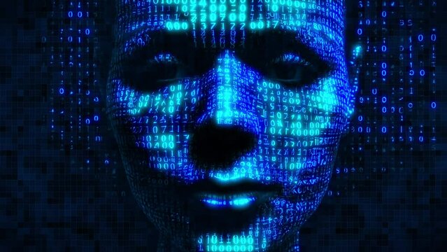 3d render a humanized artificial intelligence neural engine in the shape of a female face is trained by examining data on the internet. Technology is depicted as matrix of binary and hexadecimal code.