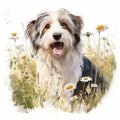 Maremmano Abruzzese Schäferhund Aquarell Porträt Glücklich Blumenwiese Charmant Tierkunst Lebendig Natur Kunstwerk Wanddekor Geschenk Familienhund Hütehund