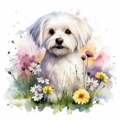 Malteser Hund Aquarell Süß Blumenwiese Zierlich Haustier Porträt Natur Kunst Druck Wandbild Heimdekoration Geschenkidee Leicht Farbenfroh